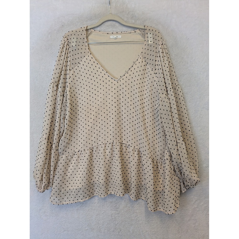 Maurices Peplum Top Women's 0X Cream Black‎ Clip Dot V-Neck Long Sleeve Tiered